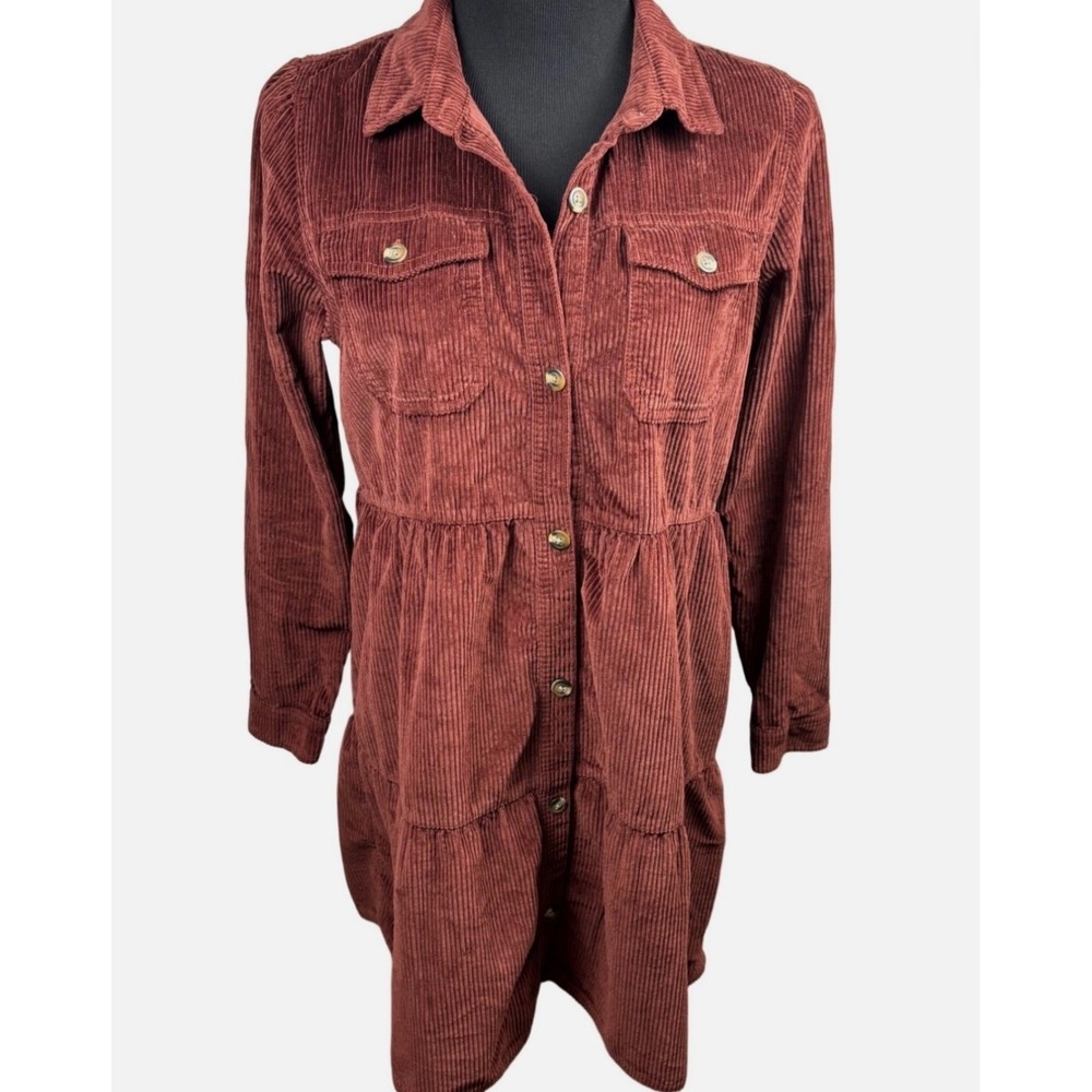 American Eagle Corduroy Tiered Shirtdress Rust Brown M Cottagecore Boho Indie